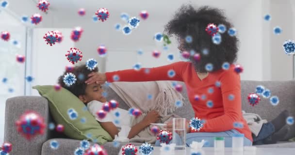 코로나 바이러스 세포를 애니메이션 마스크는 아들을 집에서 서비스와 서비스는 세계적 — 비디오