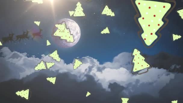 圣诞树的图标落在雪橇上的圣塔爪上 由驯鹿在夜空中拉动 圣诞节的庆祝和庆祝概念 — 图库视频影像