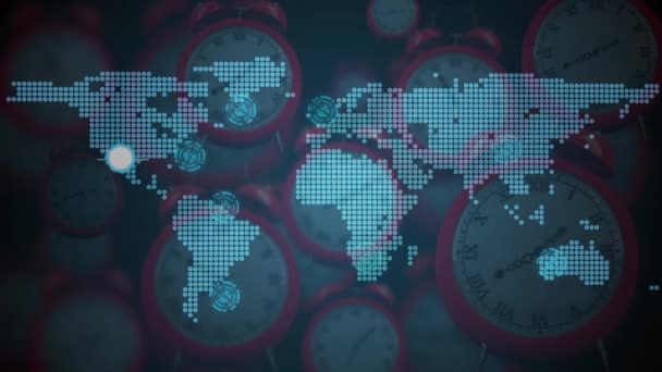 Animação Redes Conexões Mapa Mundo Longo Vários Relógios Movimento Rápido — Vídeo de Stock