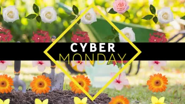 Cyfrowa Animacja Cyber Poniedziałku Baner Tekstowy Wielu Kolorowych Ikon Kwiatów — Wideo stockowe