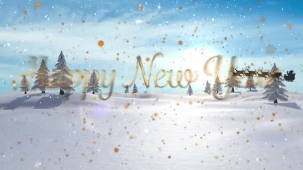 Animation Happy New Year Text Santa Claus Sleigh Reindeer Winter — Stock Video