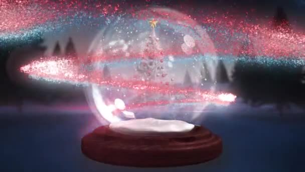 Zwei Sternschnuppen Drehen Sich Den Weihnachtsbaum Einer Schneekugel Der Winterlandschaft — Stockvideo