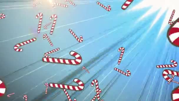 Digital Animation Multiple Candy Cane Icons Falling Light Trails Blue — Stock Video