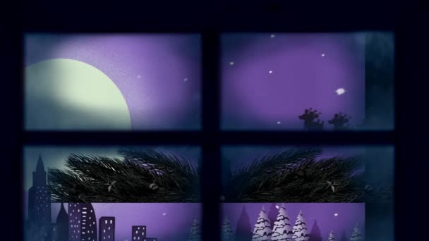 窗框顶住雪橇上的圣塔爪 由驯鹿拉在城市景观之上 圣诞节节庆和庆祝媒介图解概念 — 图库视频影像