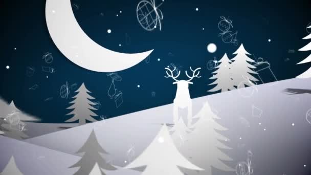 Веселого Різдва Щасливого Новорічного Текстового Банера Проти Снігу Падає Над — стокове відео