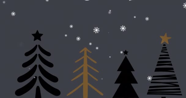 Animation Fir Tree Merry Christmas Text Snow Falling Trees Black — Stock Video