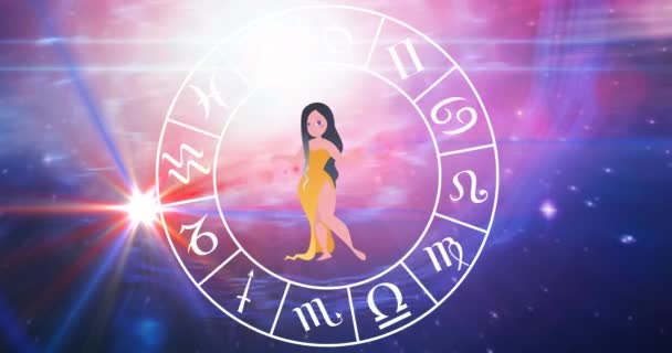 Animación Signo Estrella Libra Con Rueda Horóscopo Girando Sobre Estrellas — Vídeo de stock