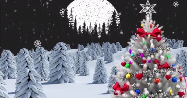 Animacja Choinki Dekoracjami Nad Padającym Śniegiem Zimowym Krajobrazem Boże Narodzenie — Wideo stockowe