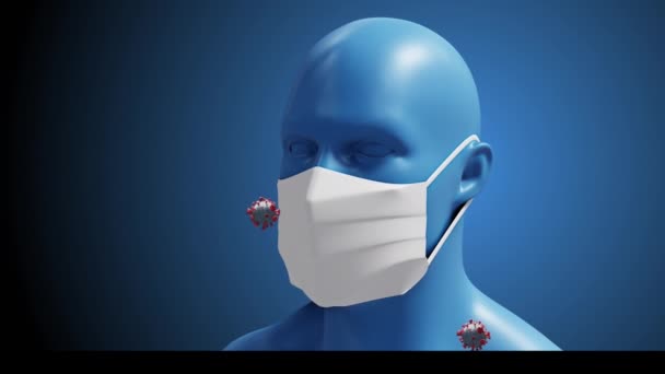 青い背景に浮かぶ顔マスクとウイルス細胞を身に着けている人間の頭のアニメーション グローバルCovid 19パンデミック科学と接続の概念デジタルで生成されたビデオ — ストック動画