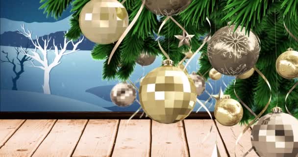 Animation Christmas Tree Decorations Snow Falling Winter Landscape Christmas Tradition — Stock Video