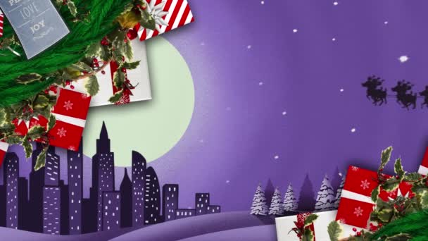 Різдвяний Вінок Подарунки Проти Санта Клауса Санчатах Тягнуться Оленями Над — стокове відео