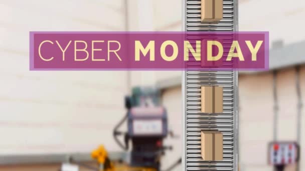 Animatie Van Cyber Monday Tekst Kartonnen Dozen Transportband Wereldwijd Online — Stockvideo