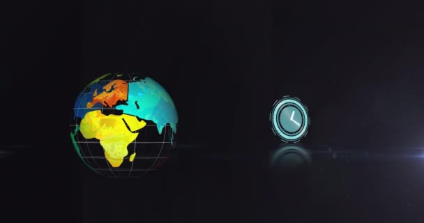 Анимация Часов Над Огнями Вращающимся Глобусом Подключения Бизнес Цифровой Интерфейс — стоковое видео