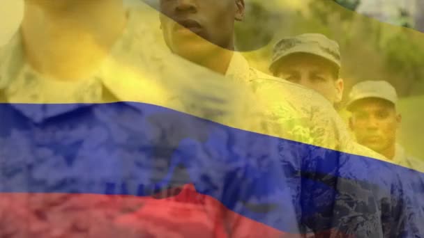 Animación Bandera Columbia Sobre Diversos Soldados Masculinos Ejército Defensa Civil — Vídeos de Stock