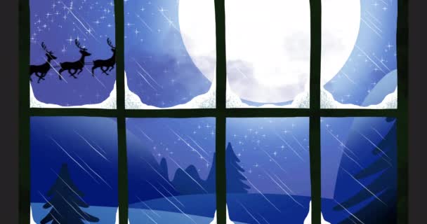 雪橇上圣诞老人的侧影被驯鹿拉在月亮上的窗格烤架 — 图库视频影像