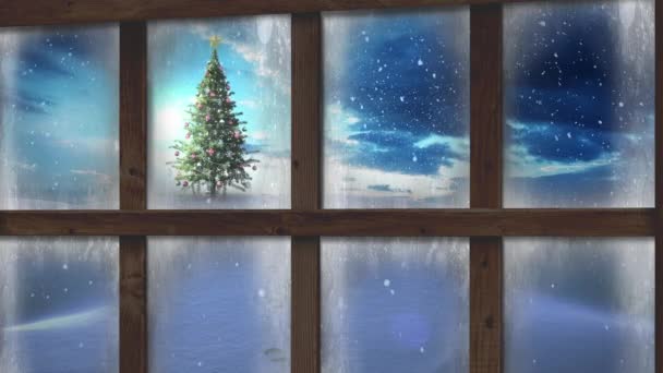 Houten Raamkozijn Tegen Sneeuw Die Het Winterlandschap Kerstboom Valt Kerstfeest — Stockvideo