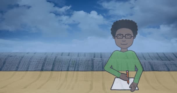 Animation Garçon Afro Américain Écrivant Sur Carnet Sur Paysage Arrière — Video