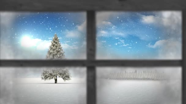 Finestra Legno Contro Neve Che Cade Sopra Albero Natale Sul — Video Stock