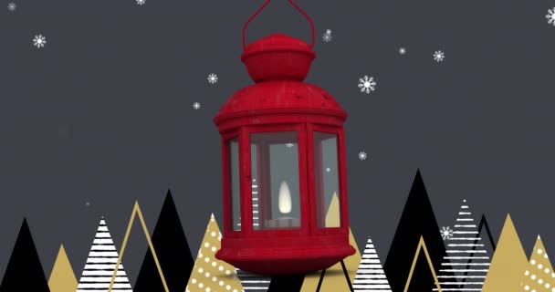 Rode Kerstlamp Sneeuwvlokken Vallen Meerdere Kerstboom Pictogrammen Grijze Achtergrond Kerstfeest — Stockvideo