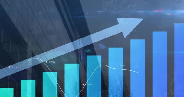 Animação Seta Azul Com Processamento Estatísticas Sobre Paisagem Urbana Conceito — Vídeo de Stock