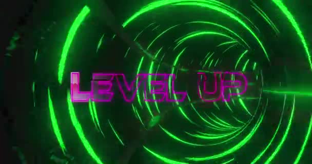 Animation Von Level Text Über Bewegte Digitale Tunnel Videospiel Unterhaltung — Stockvideo