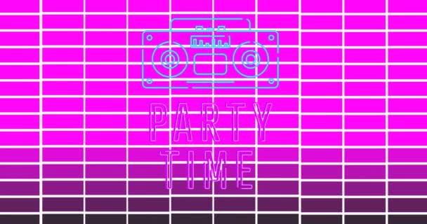 Animacja Tekstu Party Time Nad Siatką Fioletowym Tle Strona Muzyka — Wideo stockowe