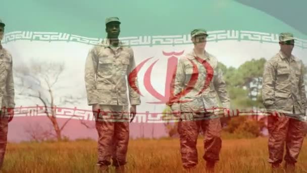 Animation Flagga Iran Viftande Över Olika Soldater Försvarsmakten Försvaret Patriotismen — Stockvideo
