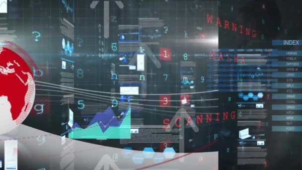Animatie Van Gegevensverwerking Statistieken Het Scherm Cyberaanval Waarschuwing Mondiaal Business — Stockvideo