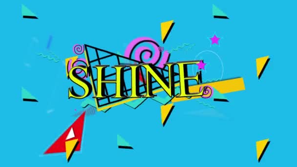 Animation Shine Text Yellow Colourful Geometric Shapes Blue Background Digital — Stock Video