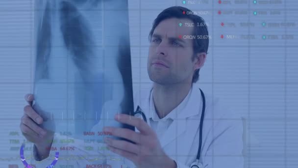 Röntgen Tutan Beyaz Erkek Doktorun Veri Işleme Animasyonu Tıbbi Sağlık — Stok video