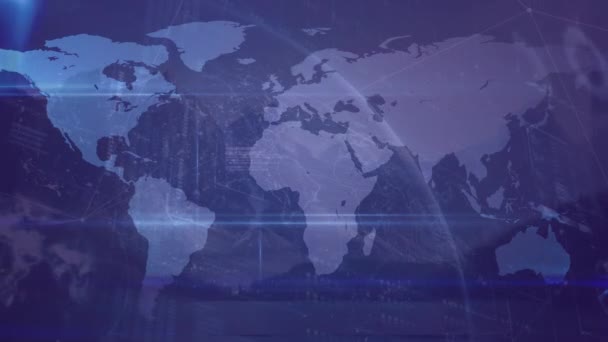 蓝色背景下的财务数据处理和世界地图动画 全球商业 连接和数字视频接口概念 — 图库视频影像