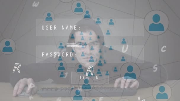 Анимация Сетей Связей Буквами Над Человеком Печатающим Клавиатуре Глобальный Бизнес — стоковое видео