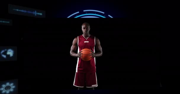Animacja Afrykańskiego Amerykańskiego Koszykarza Przez Skanowanie Lunety Czarnym Tle Sport — Wideo stockowe