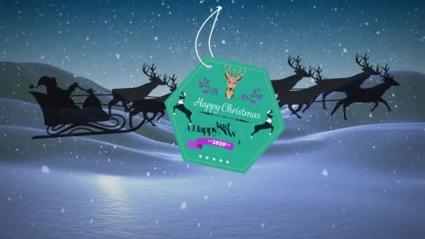 在冬季风景的雪橇上 用季节的问候 在圣塔爪上的礼物标签的动画 圣诞节 传统和庆祝概念数字制作的视频 — 图库视频影像