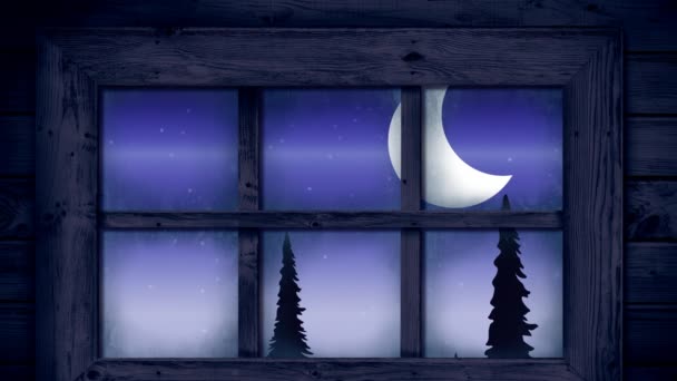 Holzfensterrahmen Über Weihnachtsmann Schlitten Der Von Rentieren Gegen Den Nachthimmel — Stockvideo