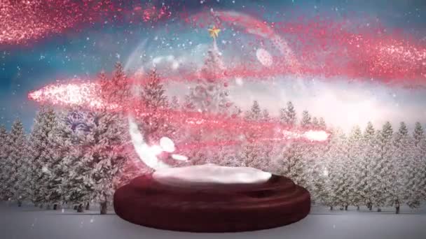 Vörös Hullócsillag Karácsonyfa Körül Egy Hógömbben Téli Tájra Hulló Ellen — Stock videók