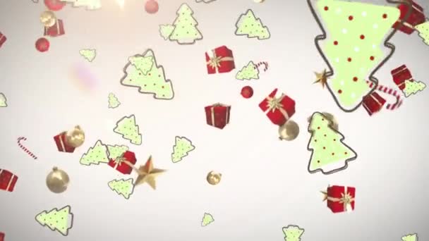 灰色の背景に光のスポットに対して落ちる複数のクリスマスの概念のアイコン クリスマス フェスティバルとお祝いのコンセプト — ストック動画