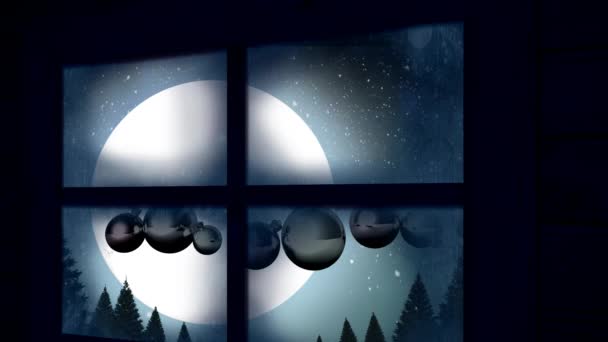 Оконная Рама Рождественские Безделушки Снег Падающий Зимний Пейзаж Ночном Небе — стоковое видео