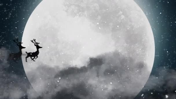 Ялинкові Ікони Над Сантою Клаус Санчатах Тягнуться Оленями Проти Місяця — стокове відео