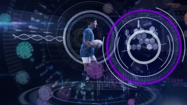 高加索男子橄榄球运动员带球跑的数据处理动画 连接和数字视频接口概念 — 图库视频影像