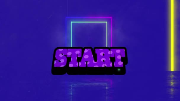 Animering Start Text Över Neon Former Blå Bakgrund Sociala Medier — Stockvideo