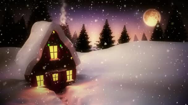 Анимация Санта Клауса Санях Северным Оленем Над Снегопадом Домом Зимним — стоковое видео