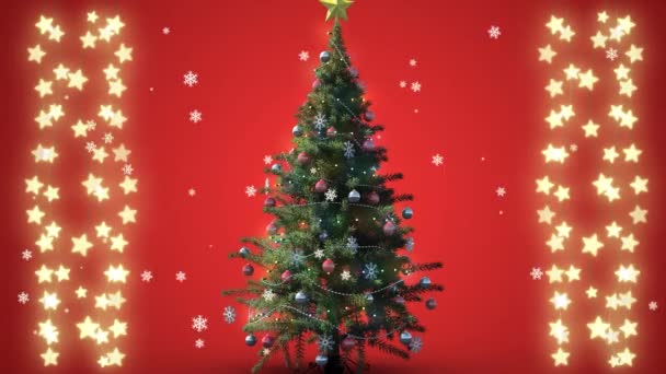 飘落在圣诞树上的雪花和圣诞灯火通明的动画 圣诞节 传统和庆祝概念数字制作的视频 — 图库视频影像