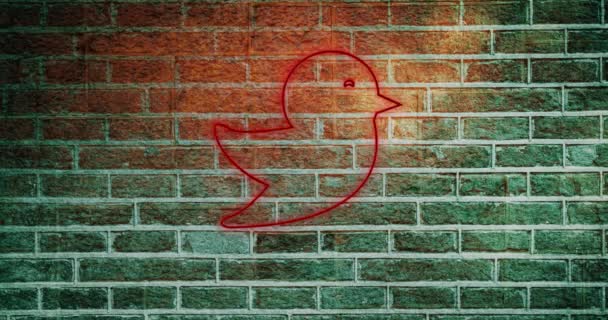 Animation Glowing Neon Bird Icon Brick Wall Social Media Communication — Stock Video