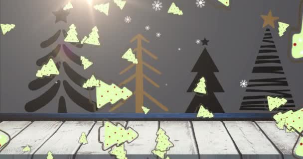 Animation Snow Trees Falling Christmas Trees Black Background Christmas Tradition — Stock Video