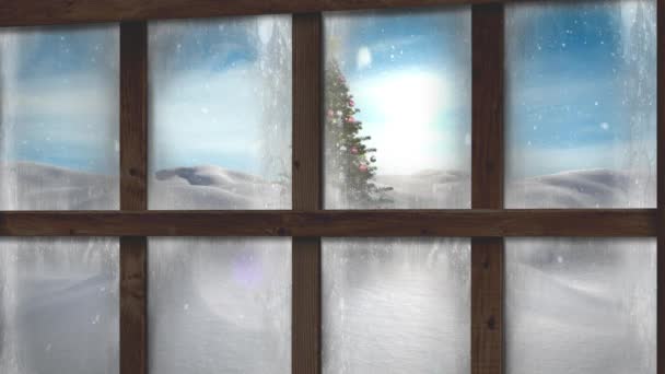 Animación Caída Nieve Árbol Navidad Paisaje Invierno Visto Través Ventana — Vídeos de Stock