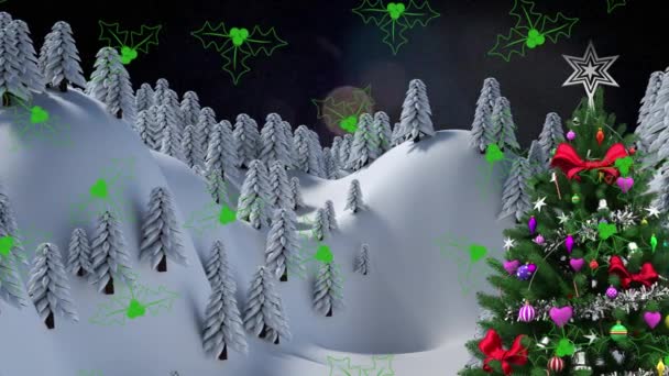 在冬季风景的圣诞树上 在黑色背景的灯光下 云杉寄生的图标映衬着圣诞树 圣诞节的庆祝和庆祝概念 — 图库视频影像