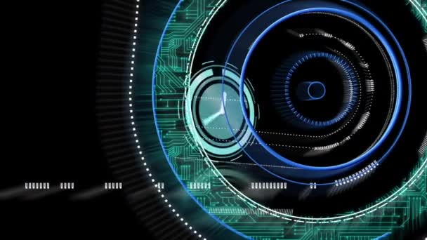 Mikroprozessoranschlüsse Über Neon Rundscanner Gegen Digitaluhr Die Auf Schwarzem Hintergrund — Stockvideo
