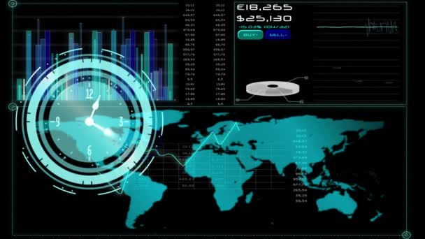 Animação Relógio Movimento Rápido Processamento Dados Com Mapa Mundo Tela — Vídeo de Stock