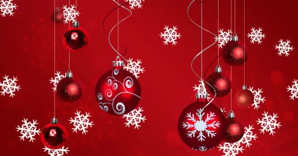 Animation Christmas Balls Snowflakes Red Background Christmas Tradition Celebration Concept — Stock Video